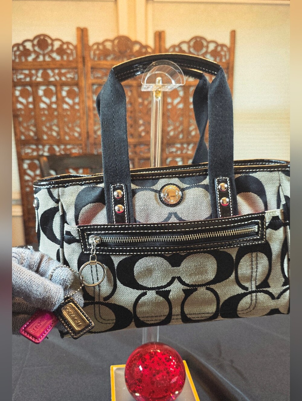 Coach Signature Canvas Black and Khaki Tote Bag
